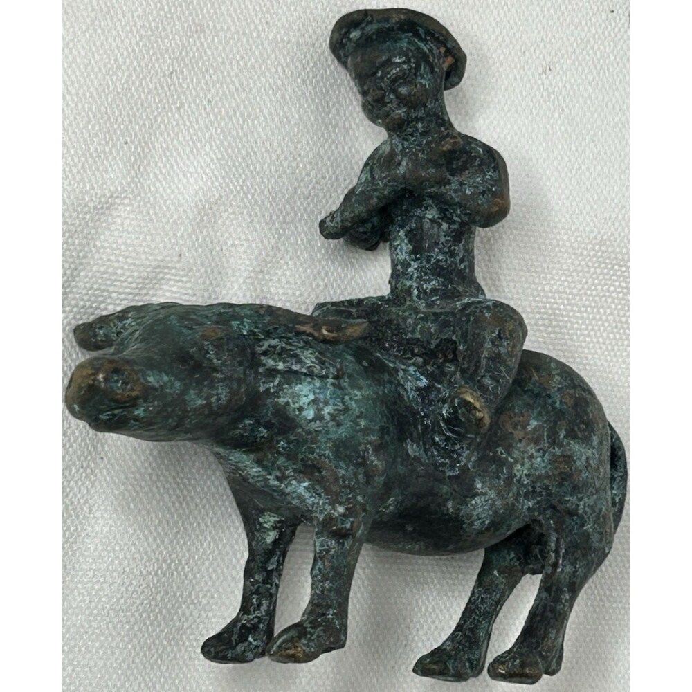 Vintage Chinese Bronze Statue Boy Playing Flute Riding Water Buffalo Patina